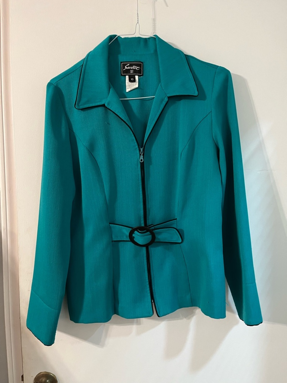 Sweet Suit Teal Zip-Front Blazer with Decorative Ring Belt